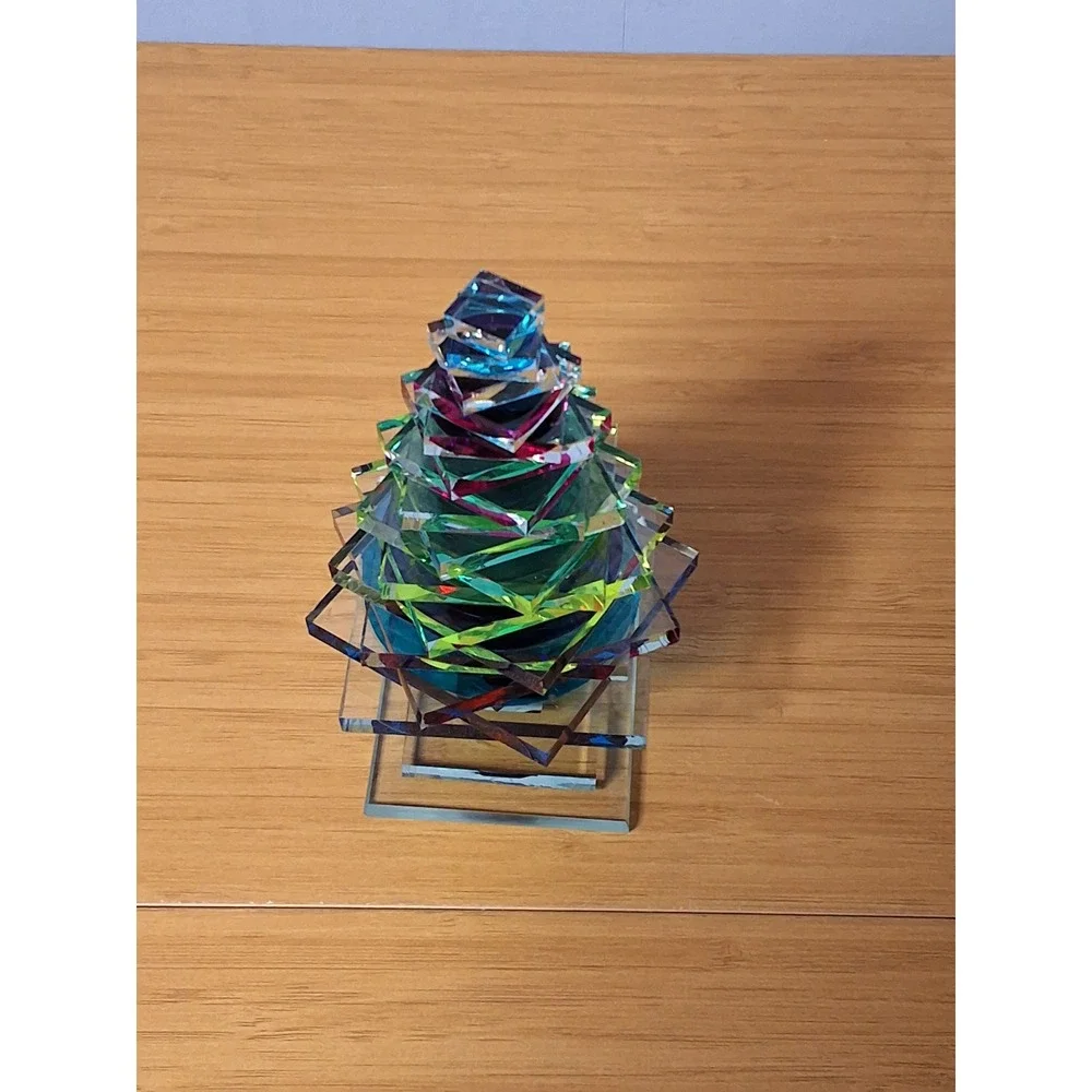 M+J G Signed Dichroic Art Glass Christmas Tree Figurine Iridescent